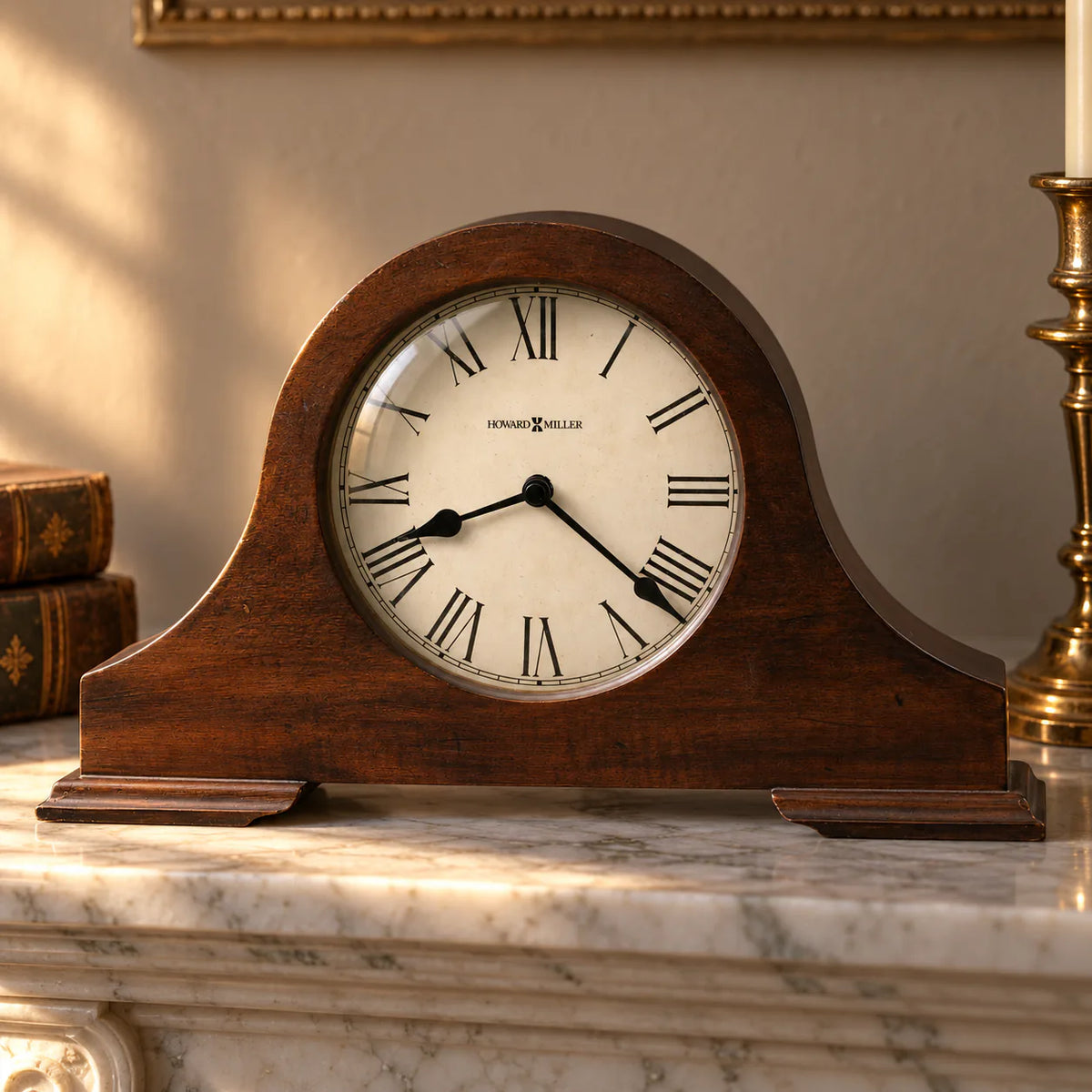 Howard Miller Humphrey Mantel Clock, 14-inch, on a mantel in a styled room
