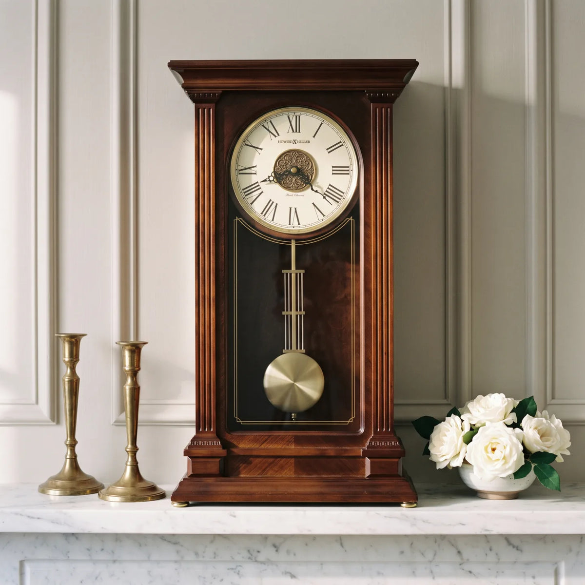 Howard Miller Stafford Mantel Clock, 20-inch, on a mantel in a styled room