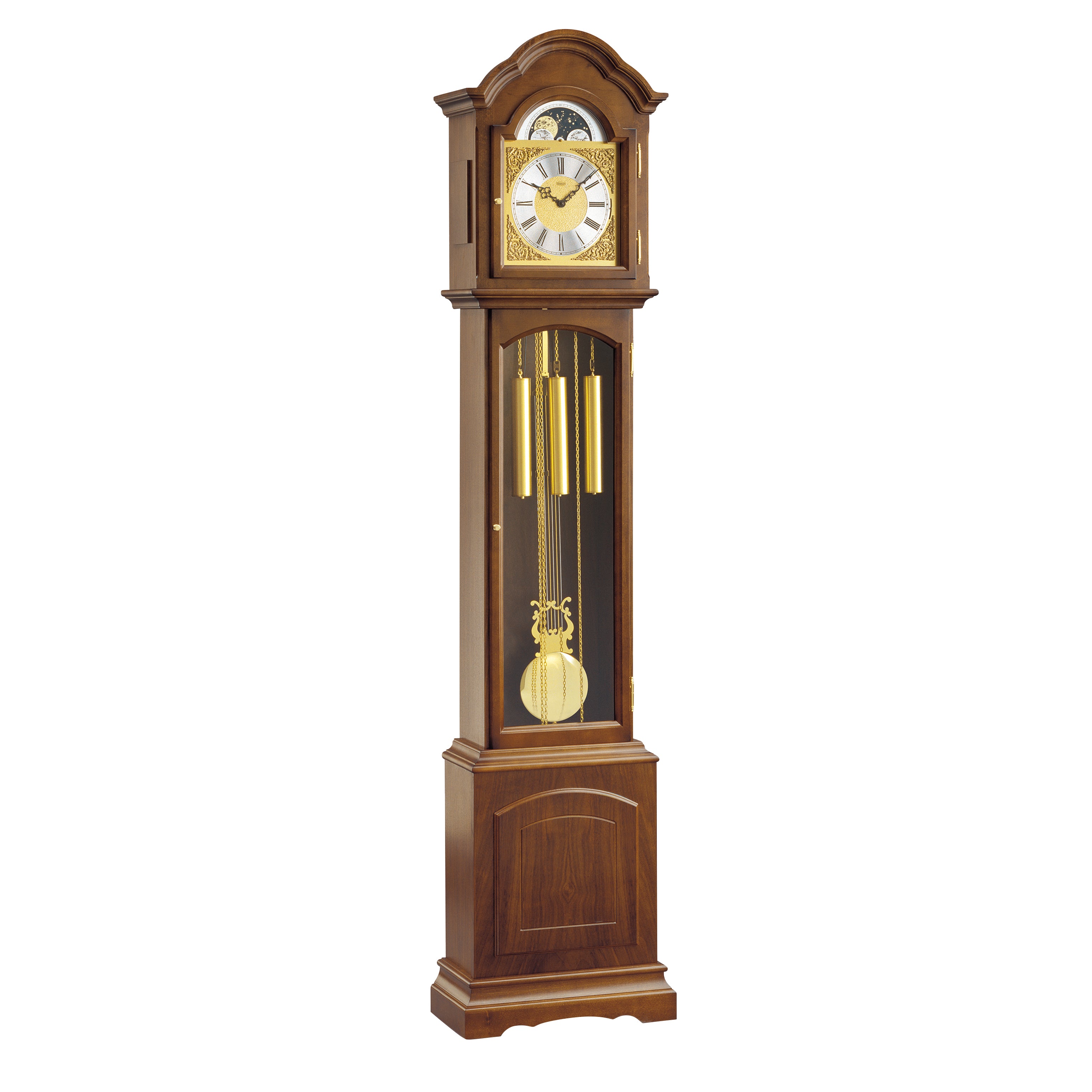 A wooden grandfather clock with a pendulum and brass accents.
