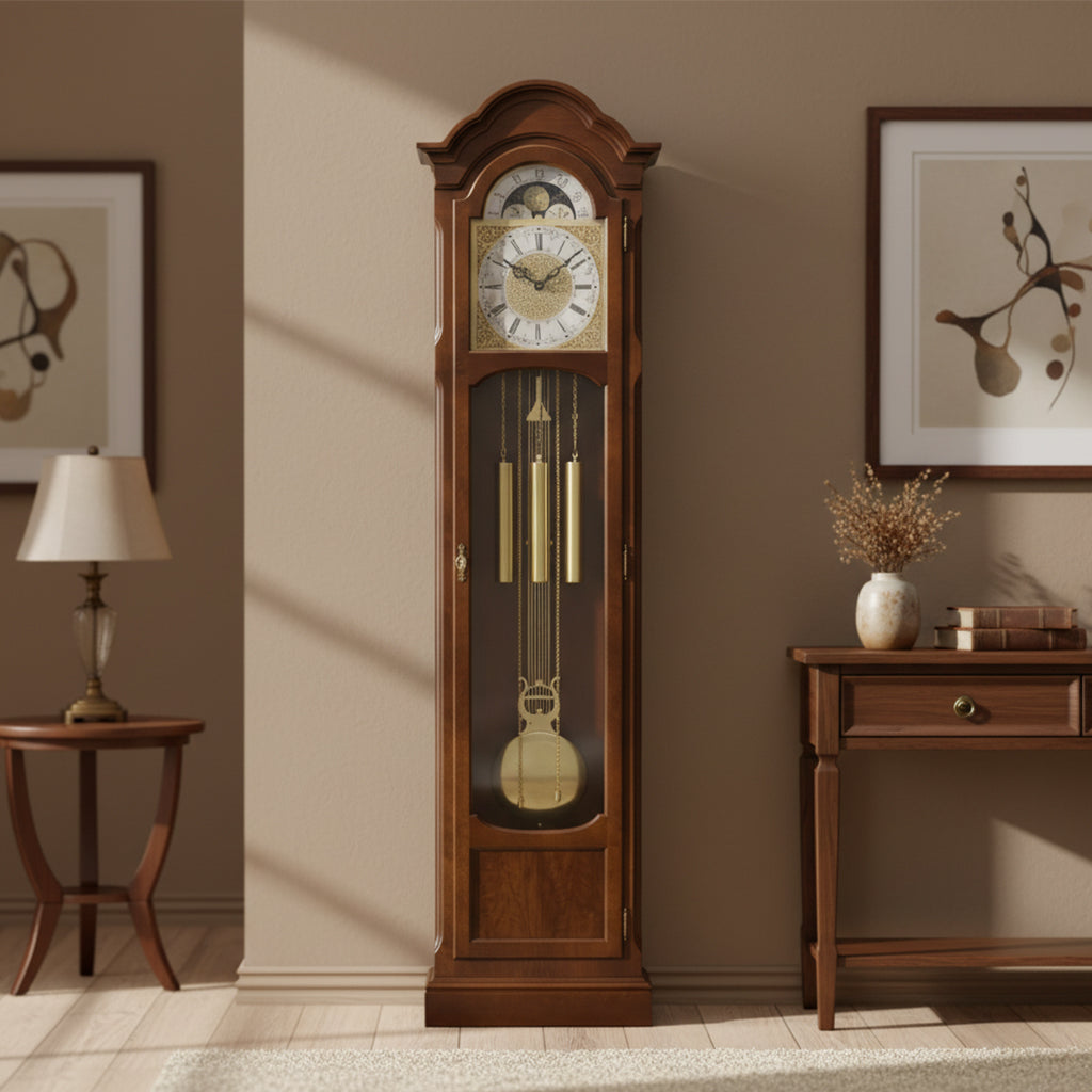 A wooden grandfather clock stands against a beige wall, surrounded by a lamp, a small table, and framed artwork.