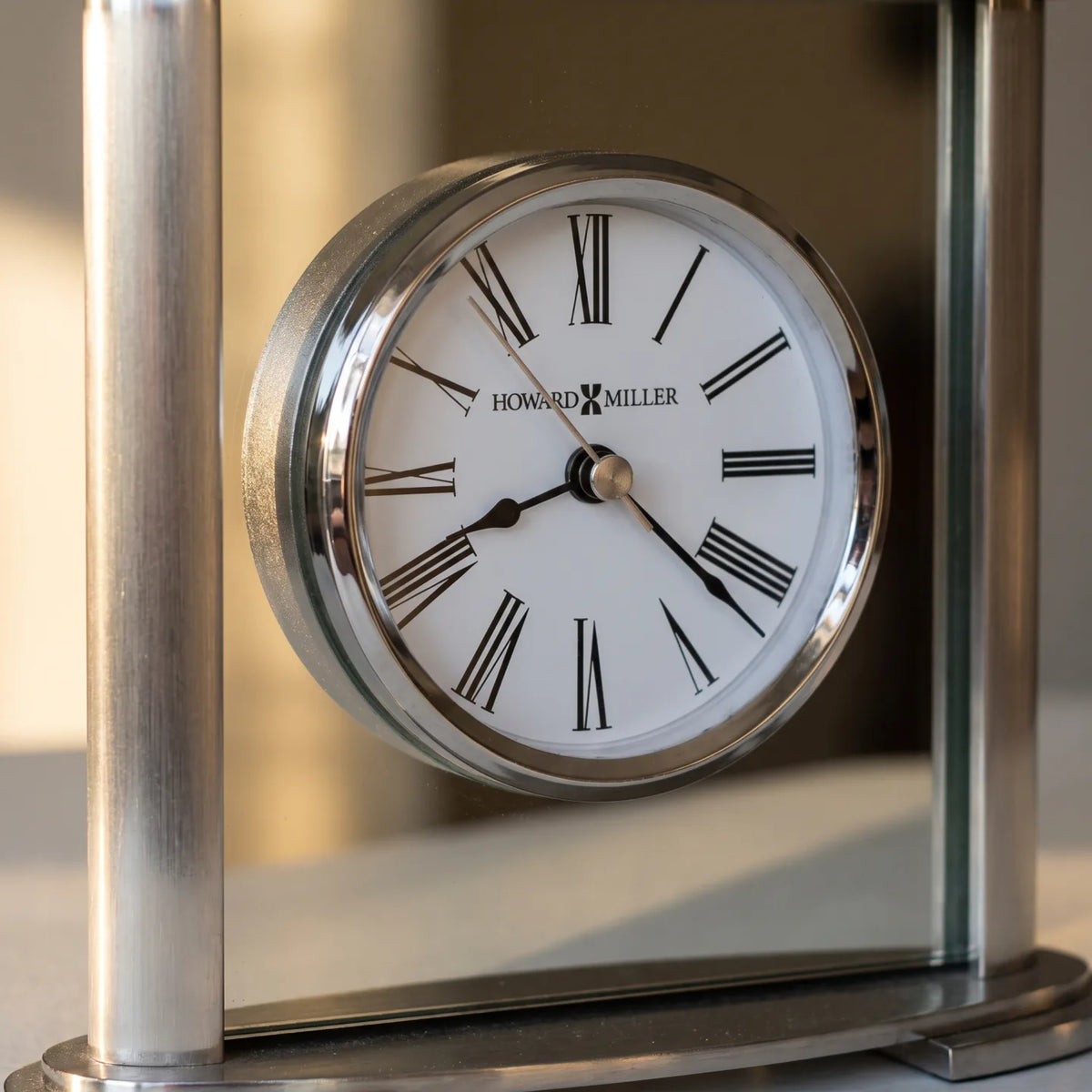 Howard Miller Glenmont Tabletop Clock, close-up of the dial and finish detail