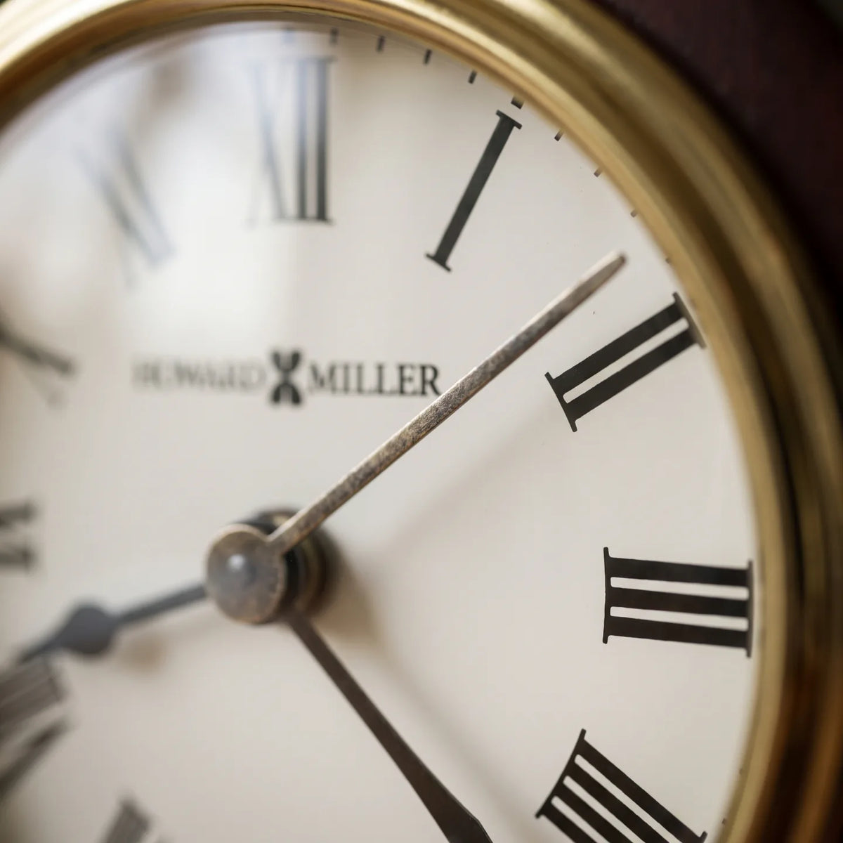 Howard Miller Craven Tabletop Clock, macro close-up of the hands and dial