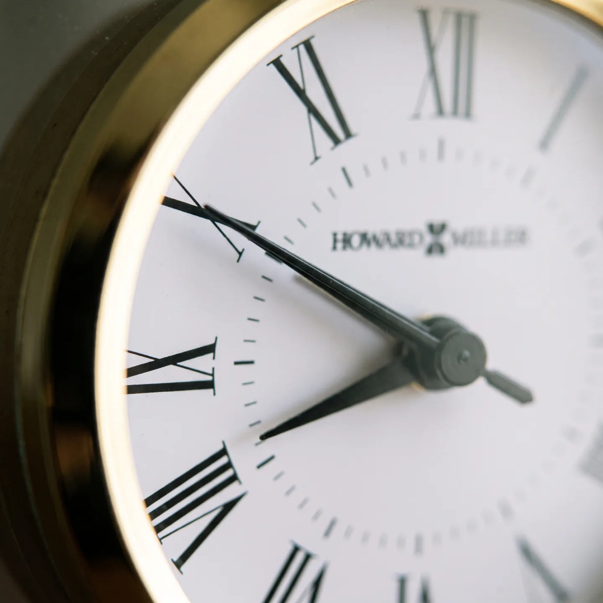 Howard Miller Dana Tabletop Clock, macro close-up of the hands and dial