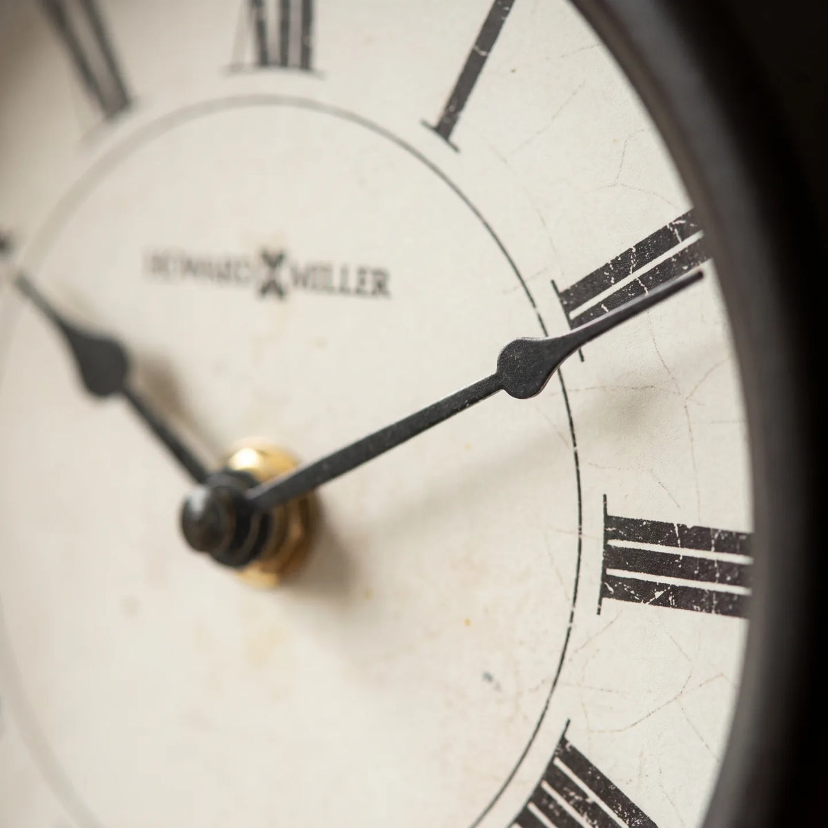 Howard Miller Loman Mantel Clock, macro close-up of the hands and dial