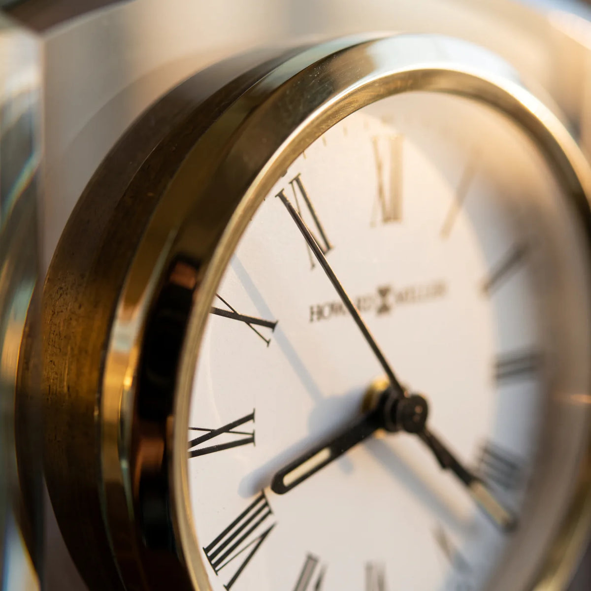 Howard Miller Marcus Tabletop Clock, macro close-up of the hands and dial