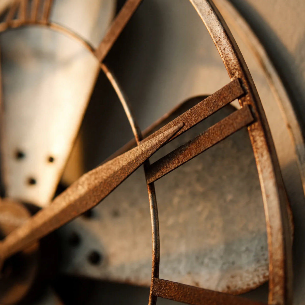 Howard Miller Mill Shop Wall Clock, macro close-up of the hands and dial