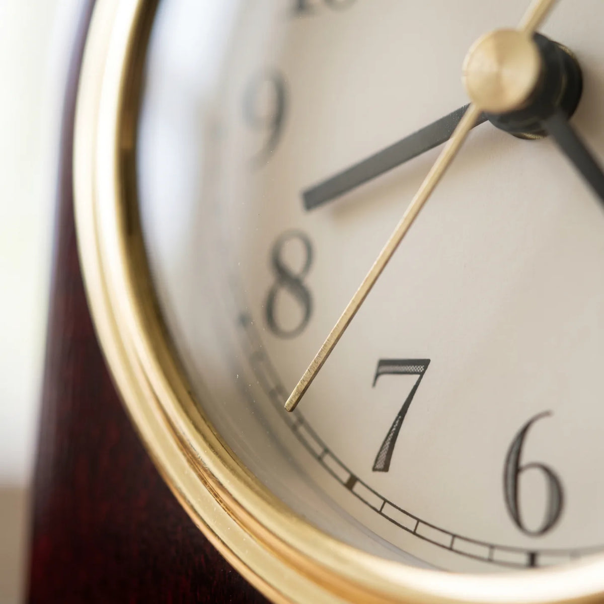 Howard Miller Monroe Tabletop Clock, macro close-up of the hands and dial