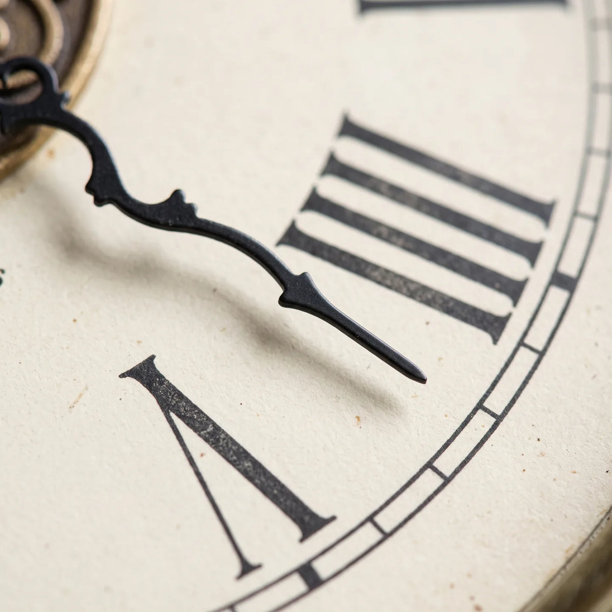 Howard Miller Stafford Mantel Clock, macro close-up of the hands and dial