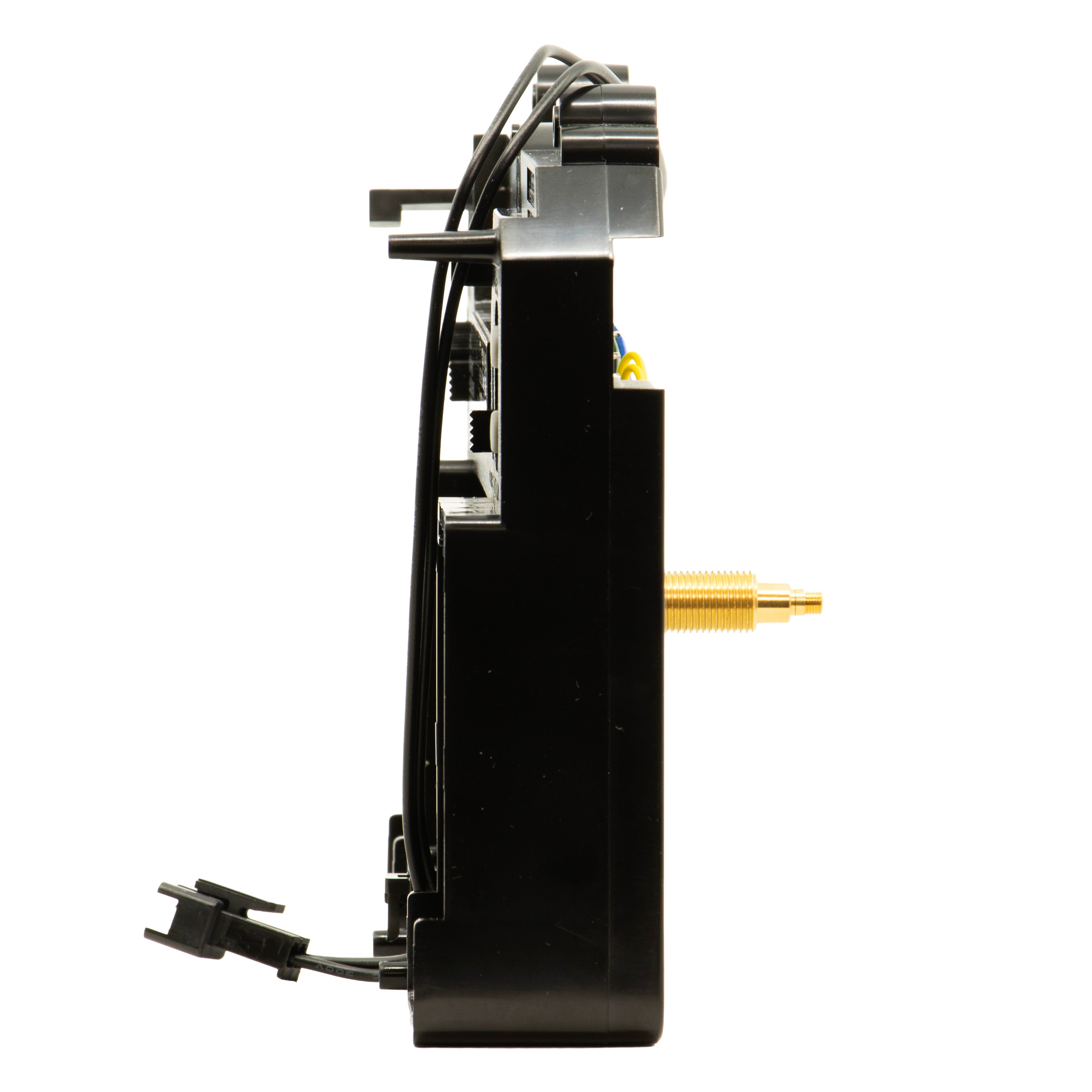 Profile view of a black electronic device with a gold connector and wiring.