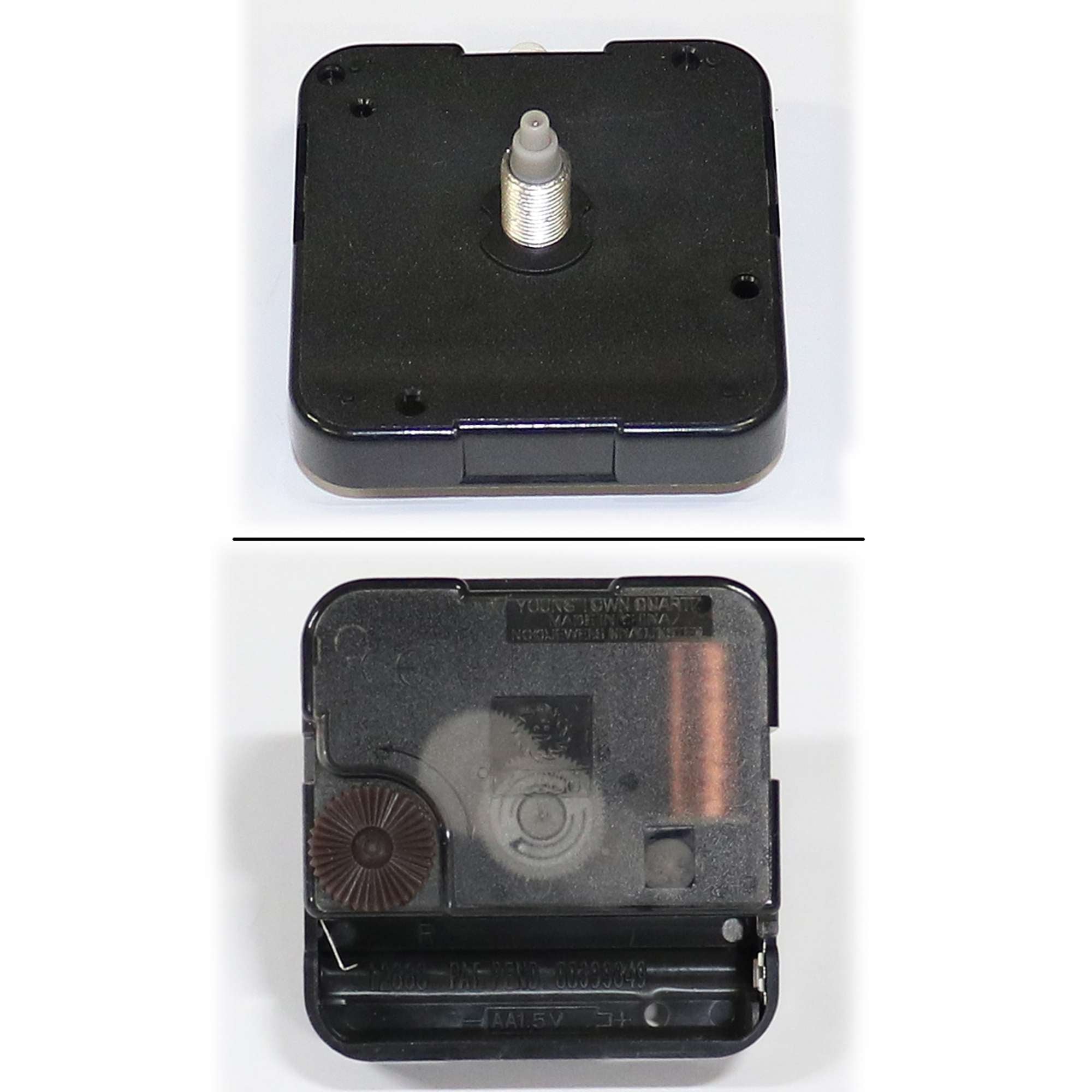 Top and bottom views of a square clock movement mechanism