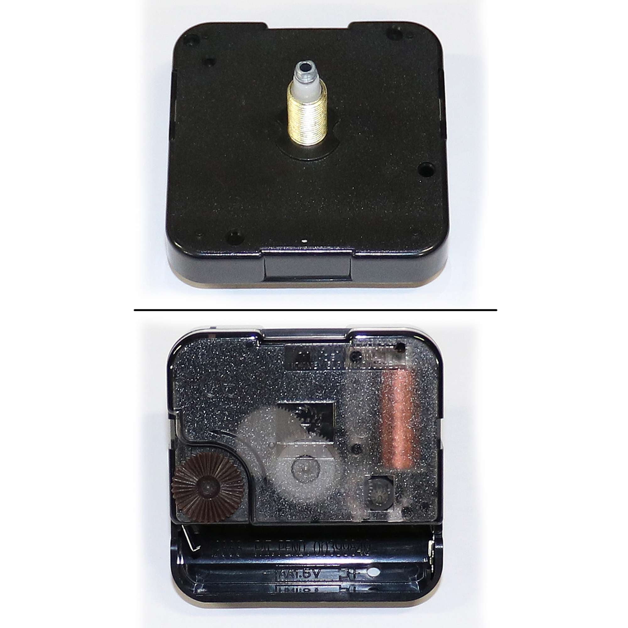 Two views of a square mechanical clock movement with a winding shaft and visible internal components.
