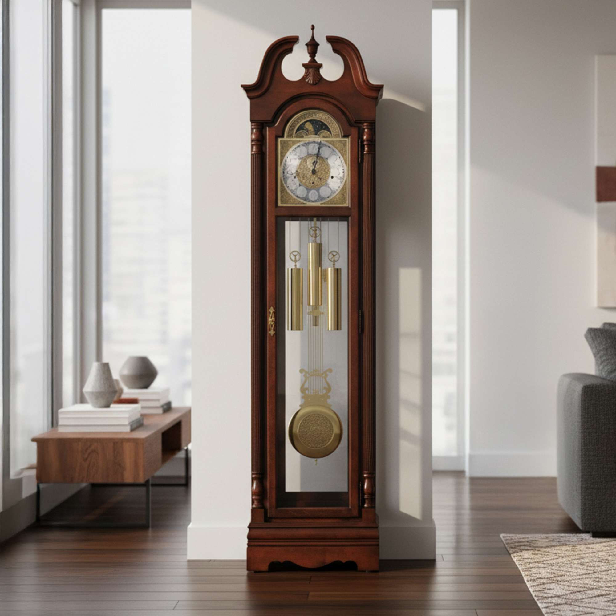 Tall wooden grandfather clock with gold accents in a modern interior.