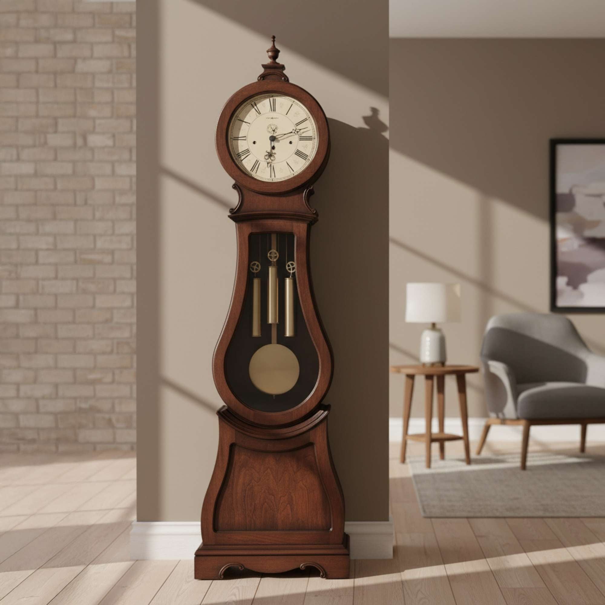A classic wooden grandfather clock displayed in a modern living room.