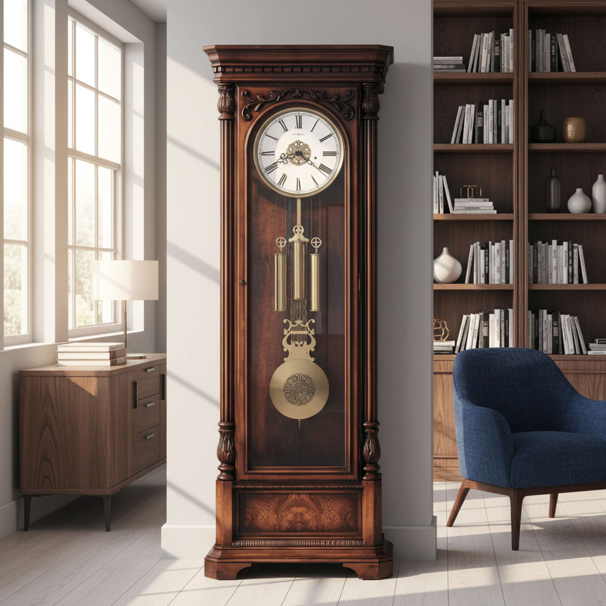 A wooden grandfather clock with a circular clock face and pendulum, placed in a bright room with a bookshelf and a blue chair.