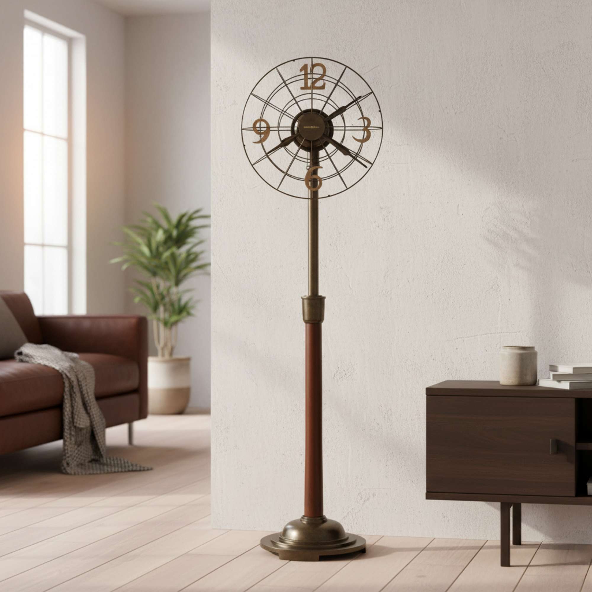 A vintage standing fan with a circular grille and wooden pole, placed in a cozy living room setting.