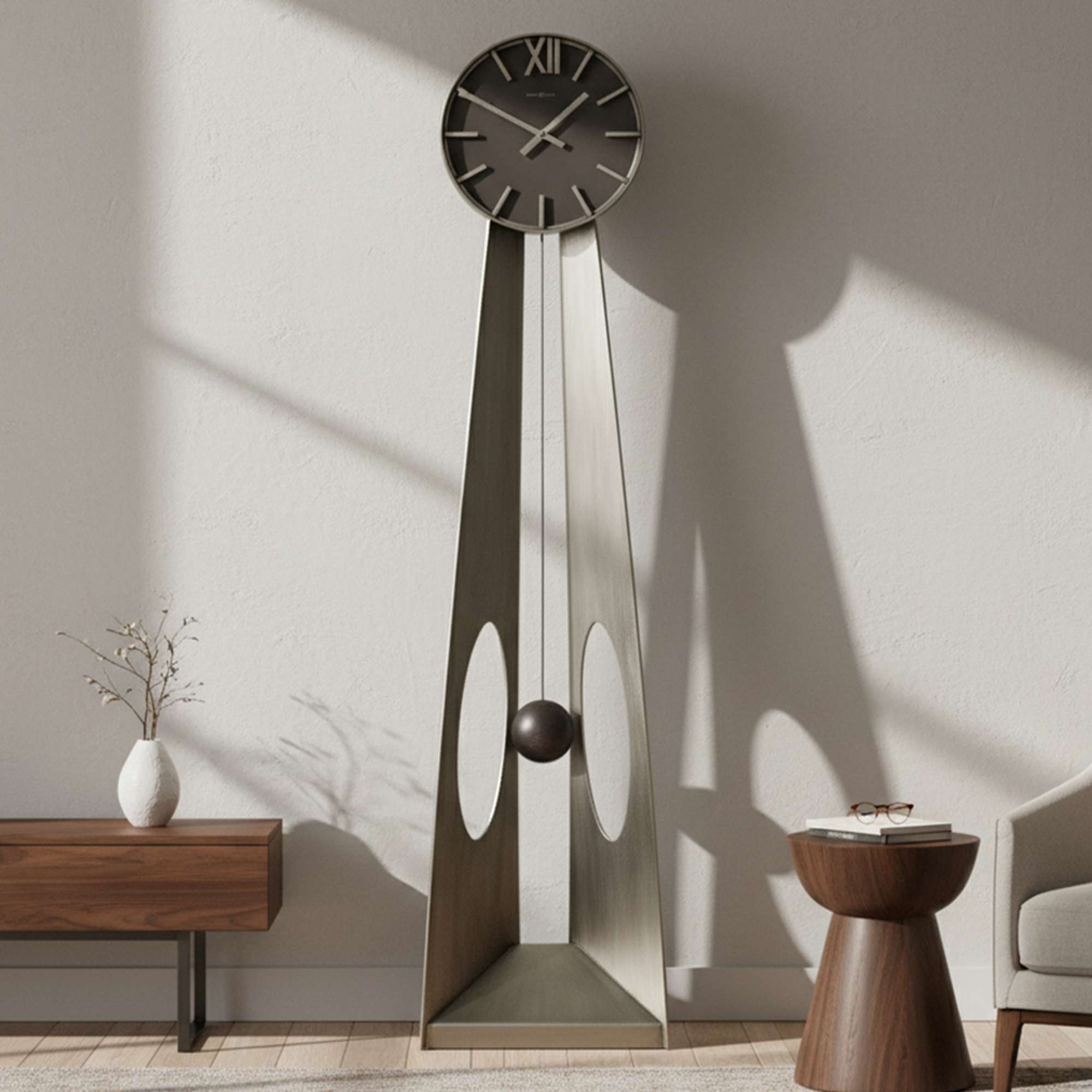 Modern tall clock with a sleek design and pendulum in a stylish interior setting.