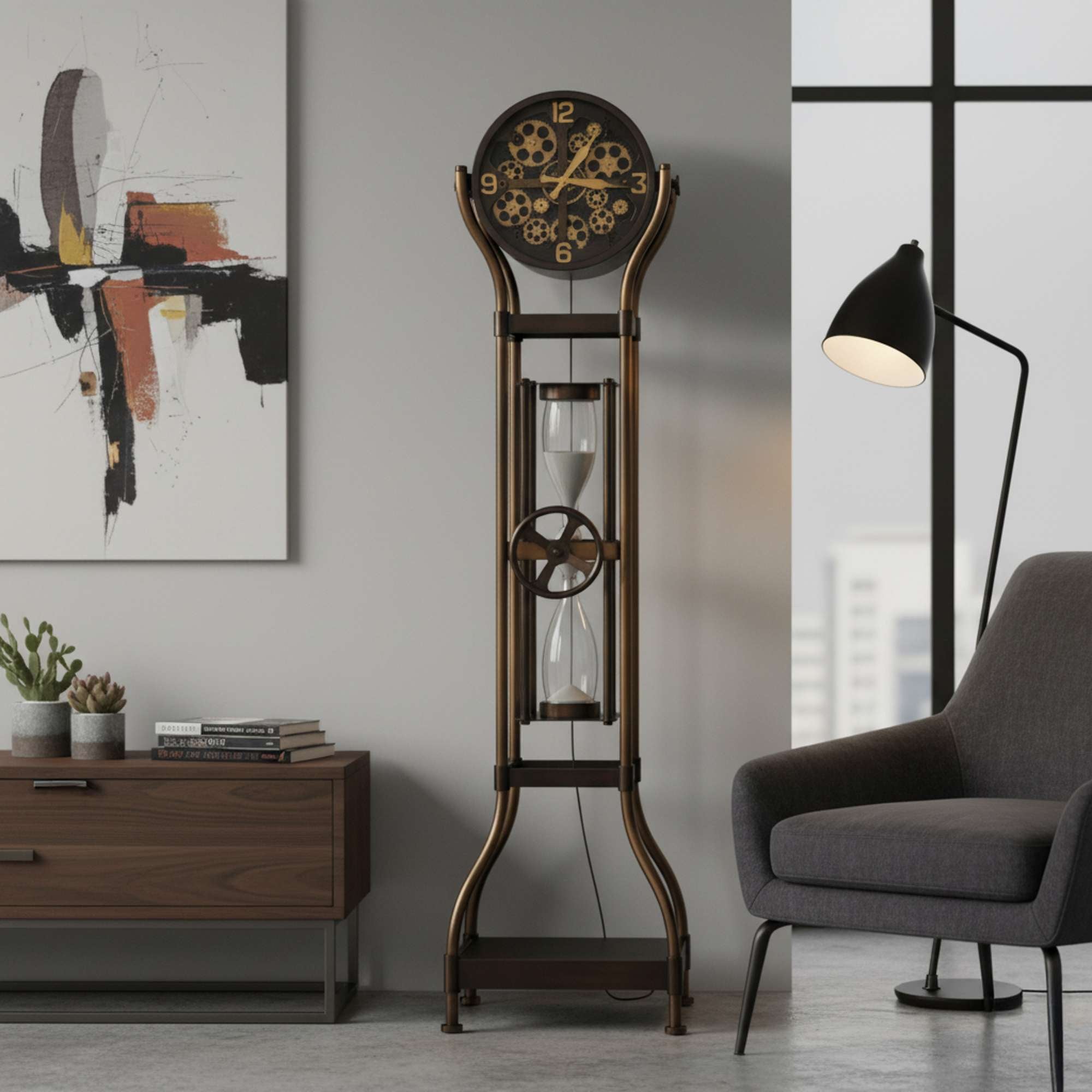 A decorative floor clock with an hourglass design beside a modern armchair in a stylish room.