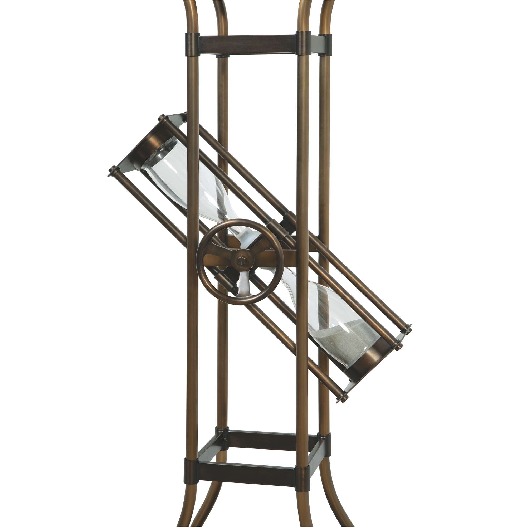 A decorative hourglass with a metal frame, designed in an elegant style.