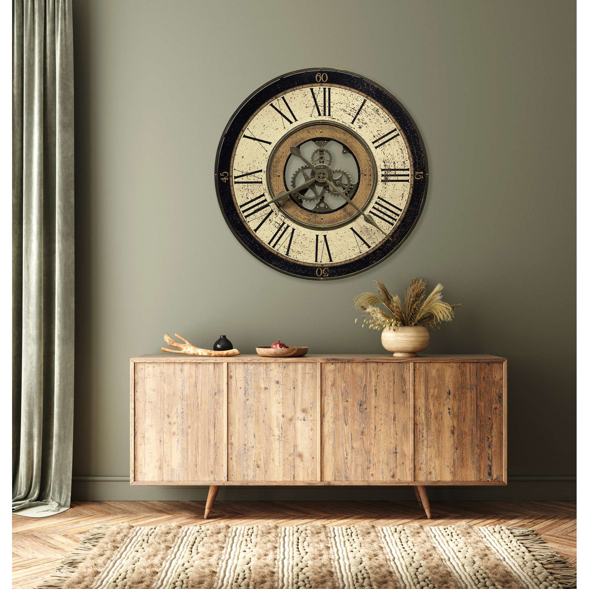A wall clock above a wooden sideboard in a modern interior setting