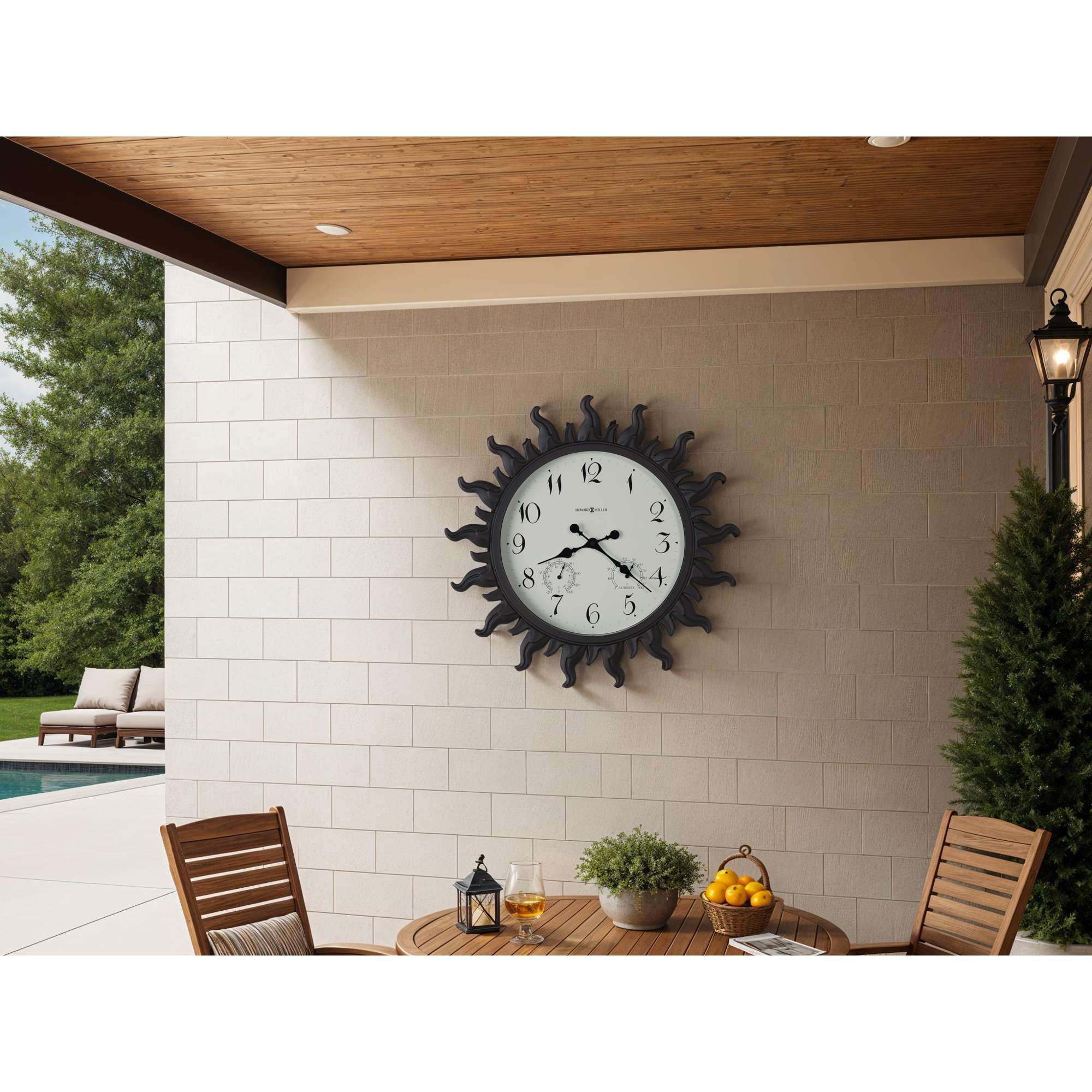 Outdoor patio scene featuring a decorative wall clock and dining setup