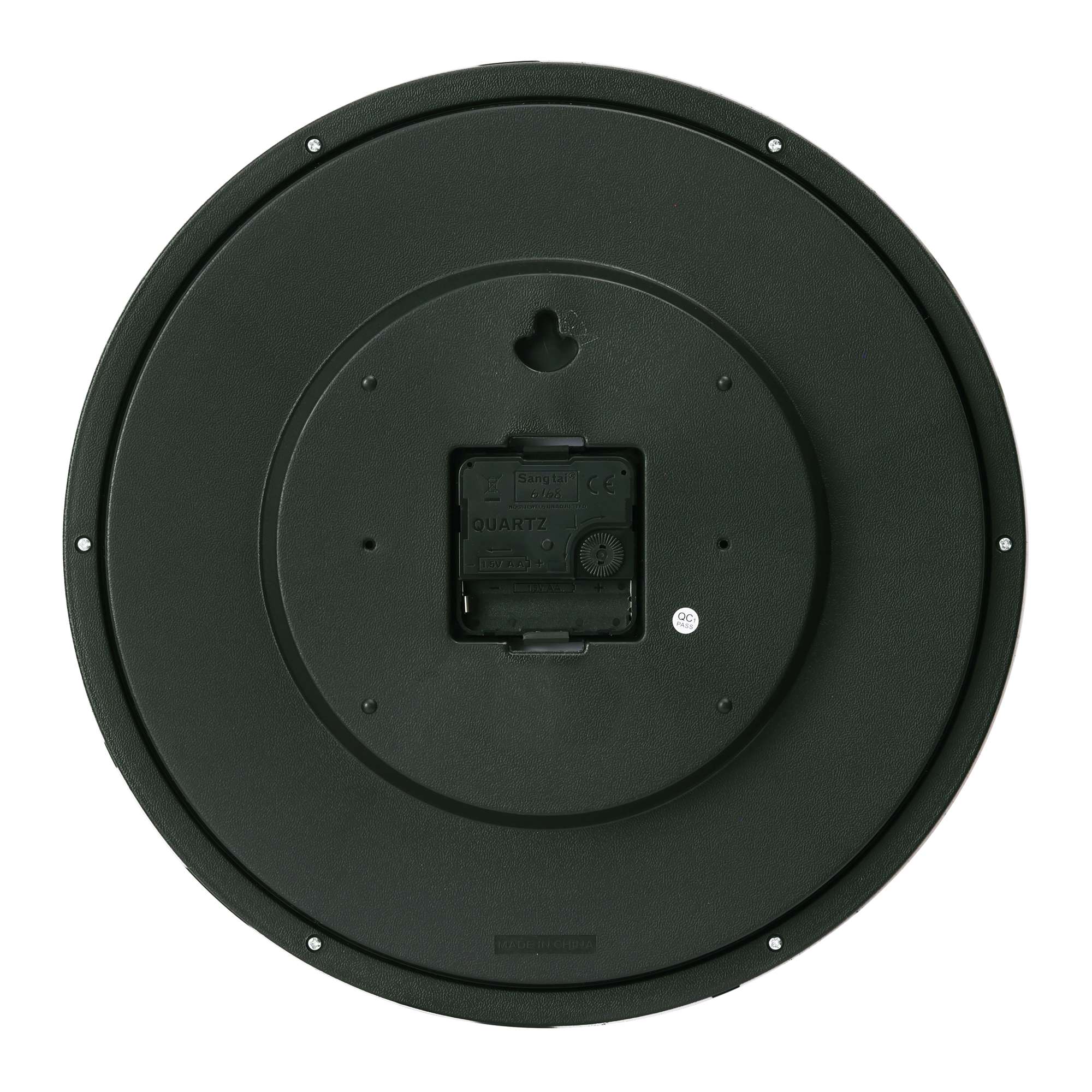 Back view of a round black speaker with a mounting bracket.