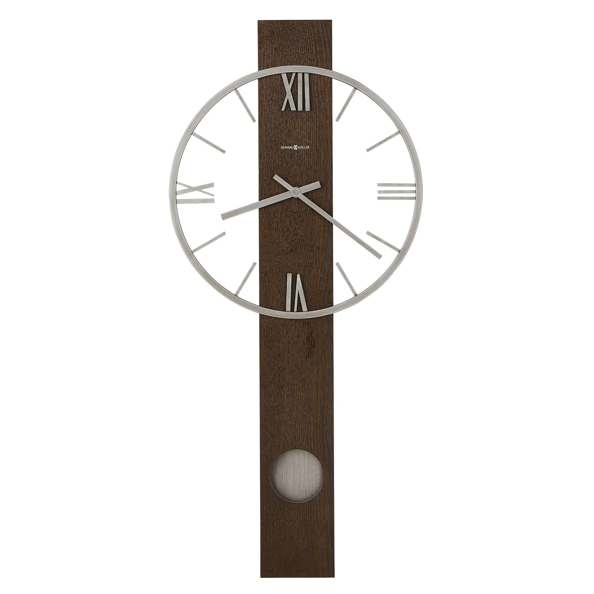 Modern wall clock with a round face, Roman numerals, and a wooden rectangular base.