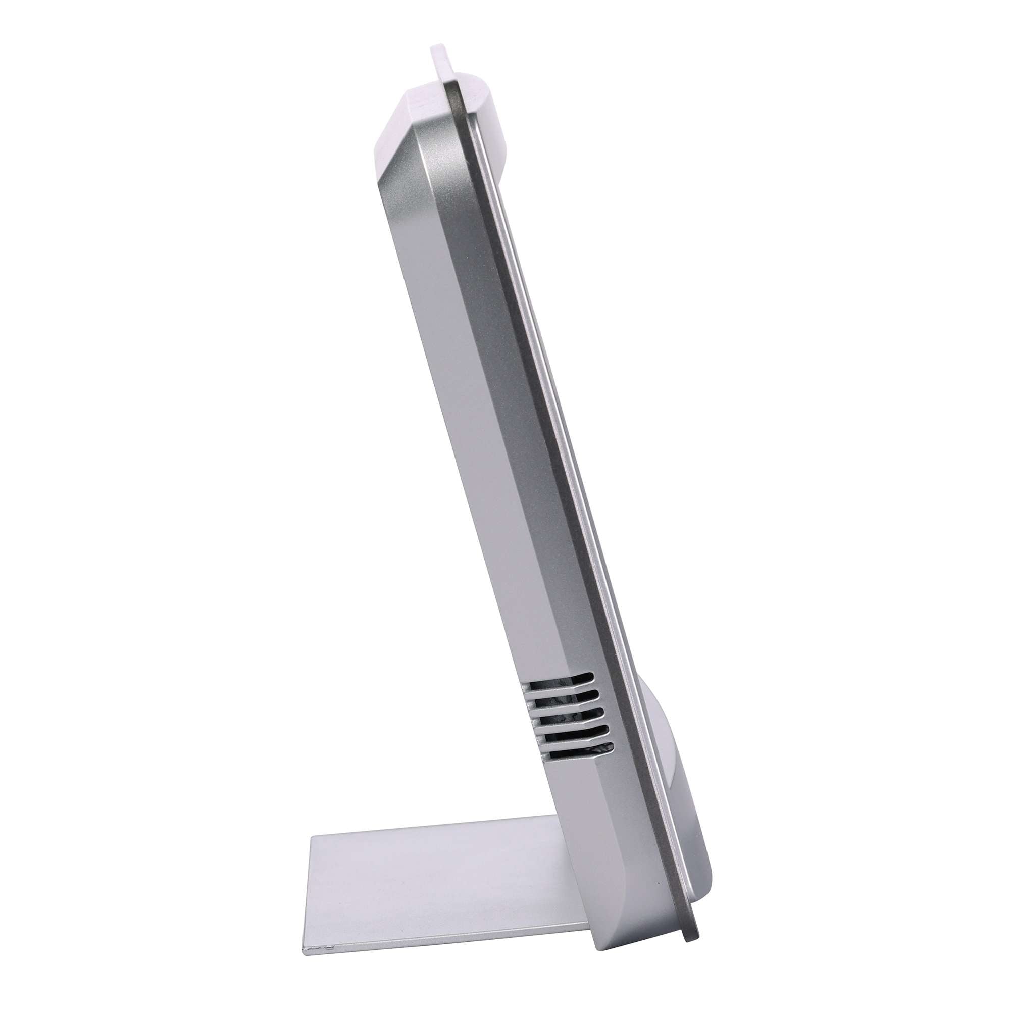 Side view of a modern, slim computer monitor on a white base.