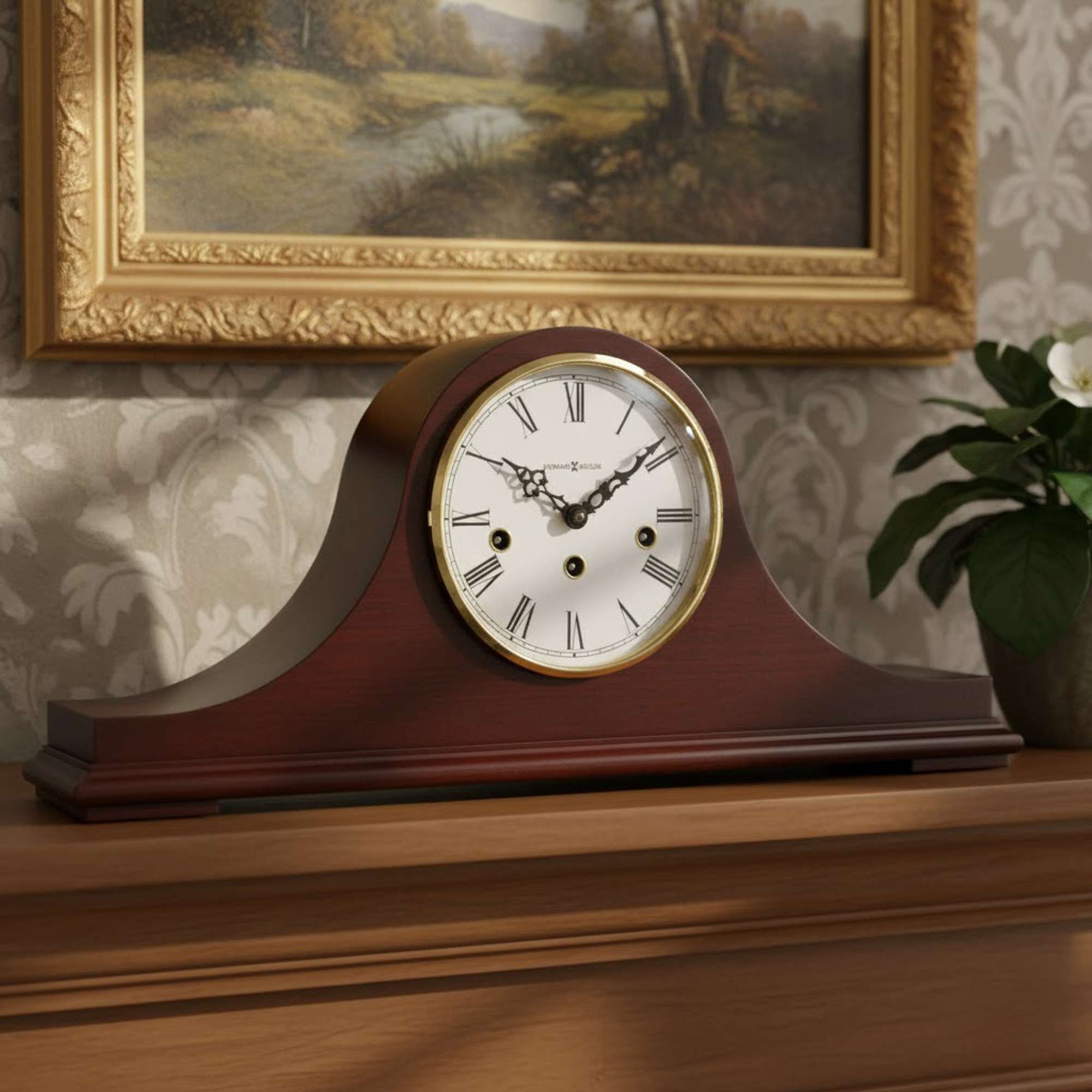 Antique style mantel clock on a wooden shelf with decorative wall art and a plant
