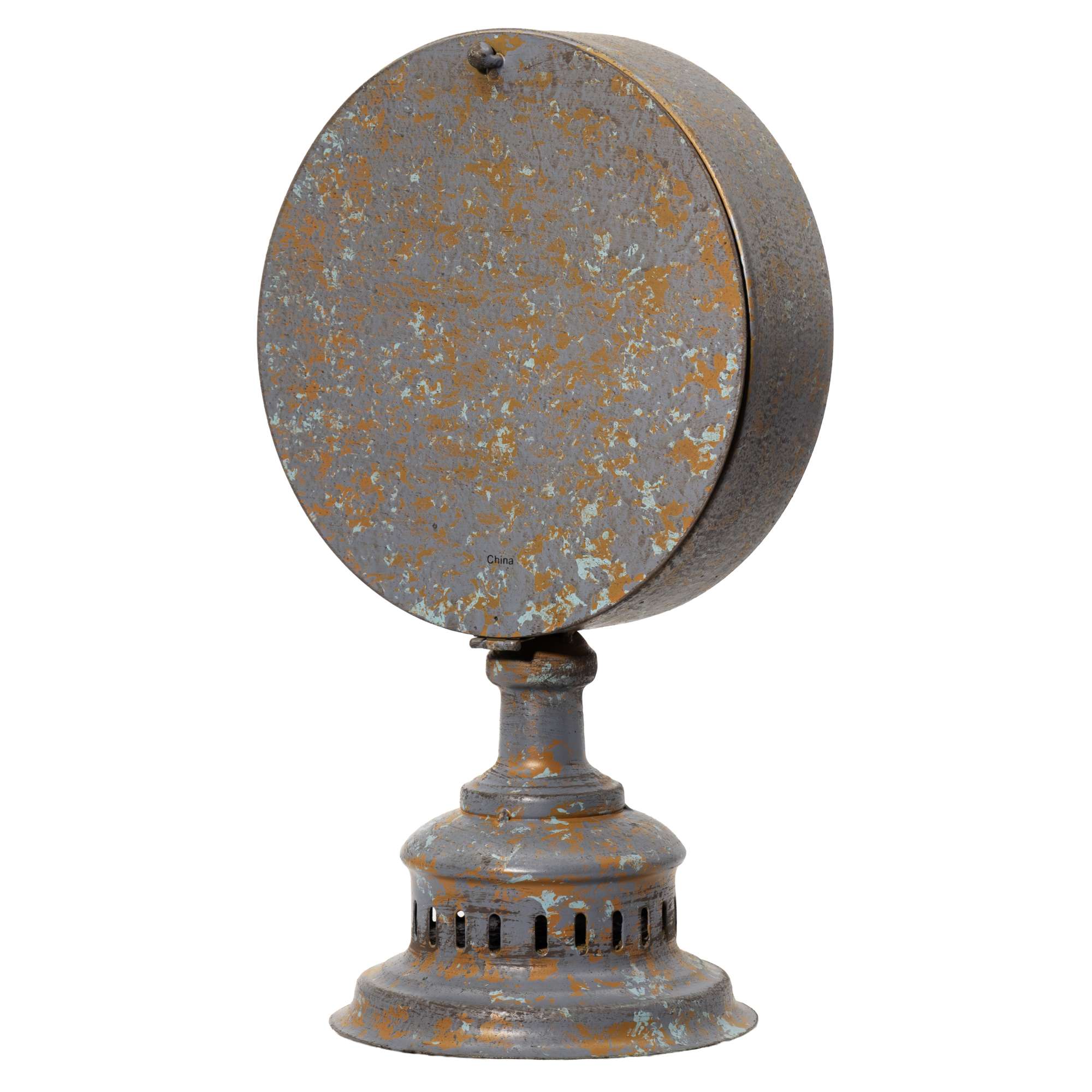 A vintage decorative globe on a stand with a weathered, metallic finish.