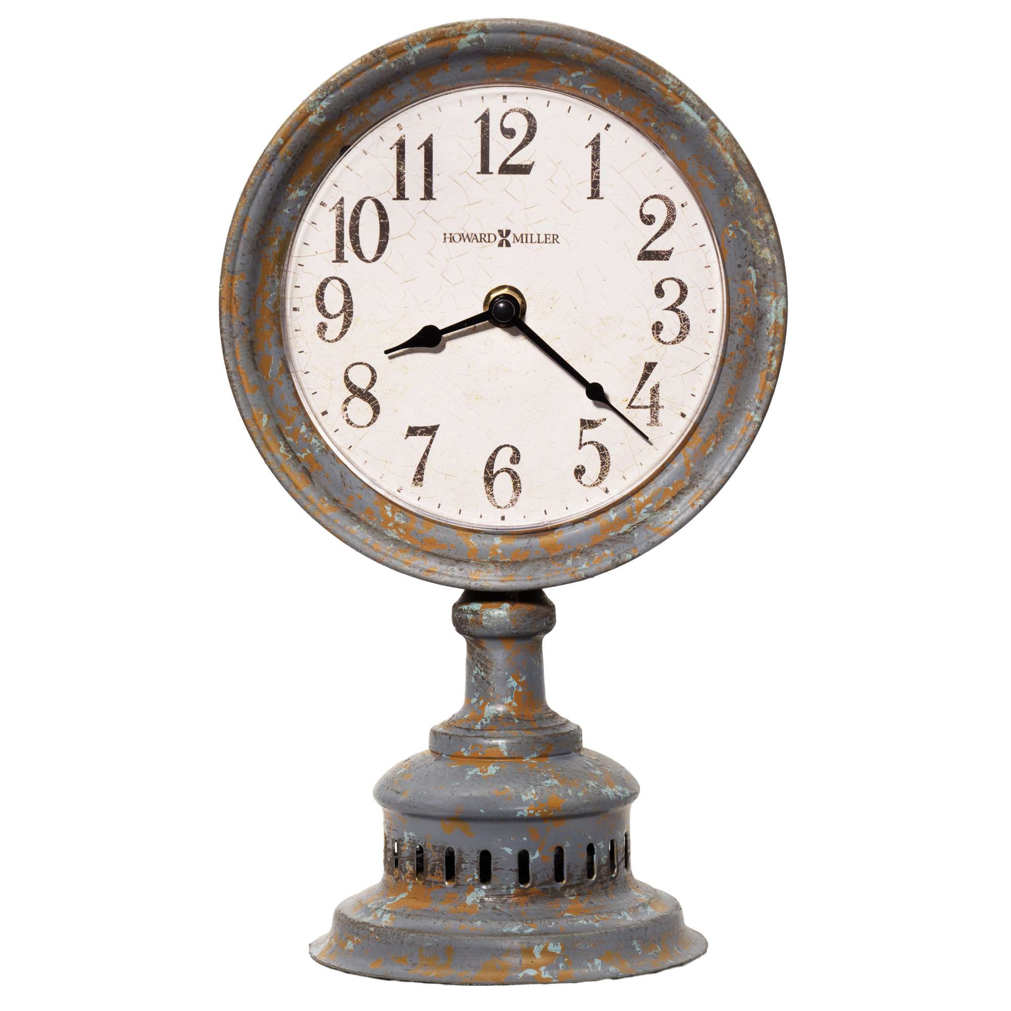Vintage-style round clock with a distressed metal finish on a pedestal base.