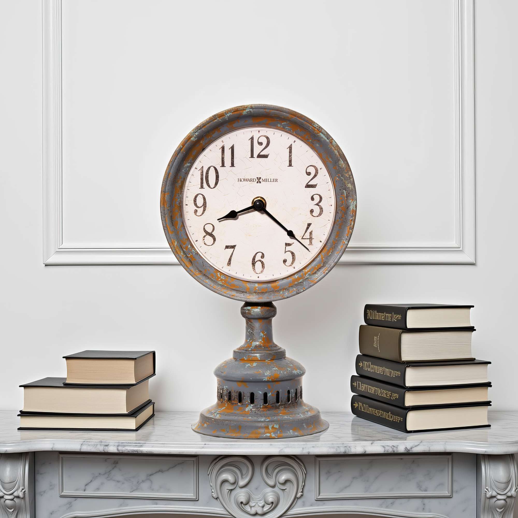 Vintage clock on a pedestal surrounded by stacked books