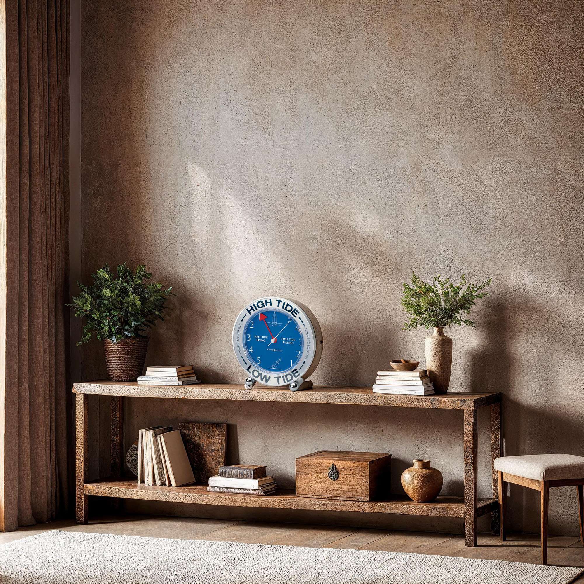 Rustic wooden shelf with clock and potted plants in a minimalistic interior.