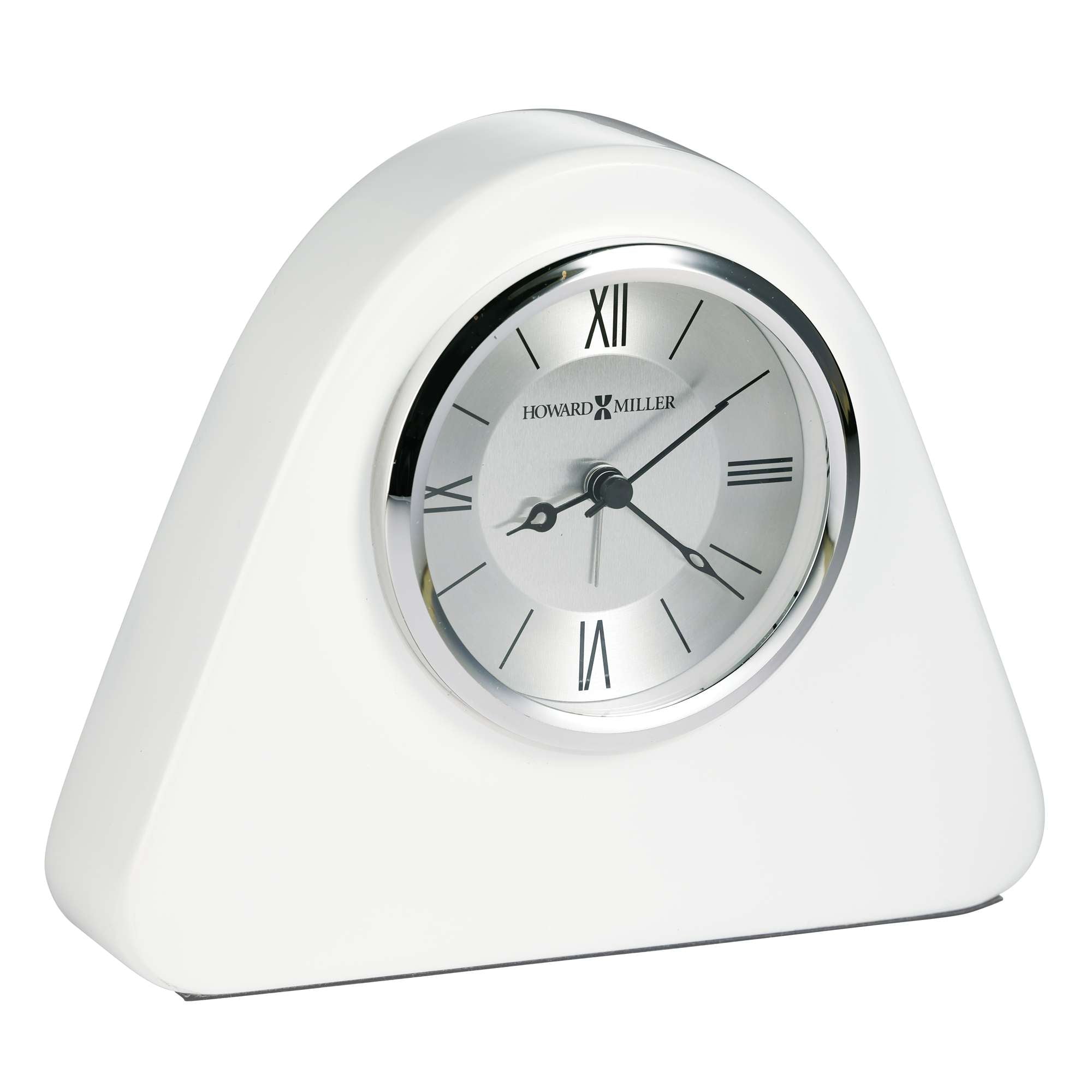 A modern white triangular desk clock with Roman numerals.