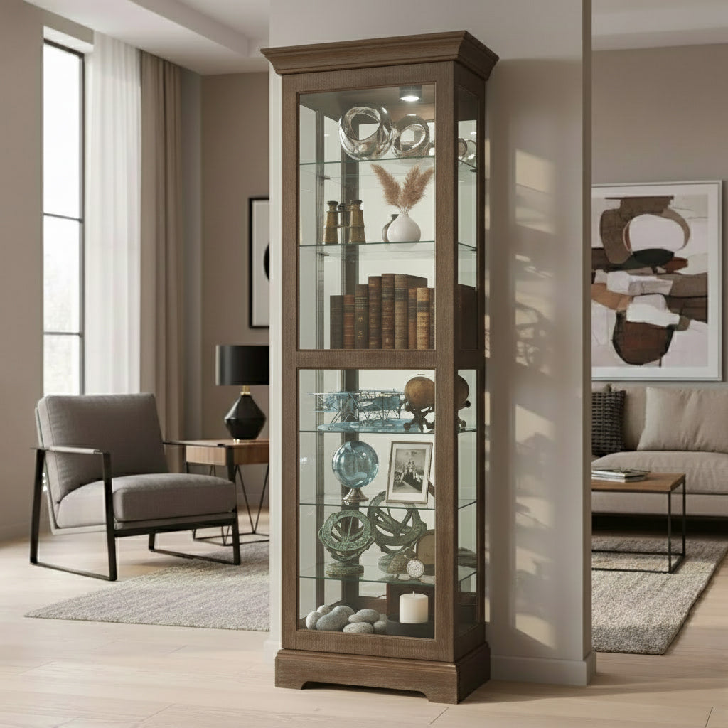 Wooden display cabinet with glass shelves, featuring decorative items, in a modern living room setting.