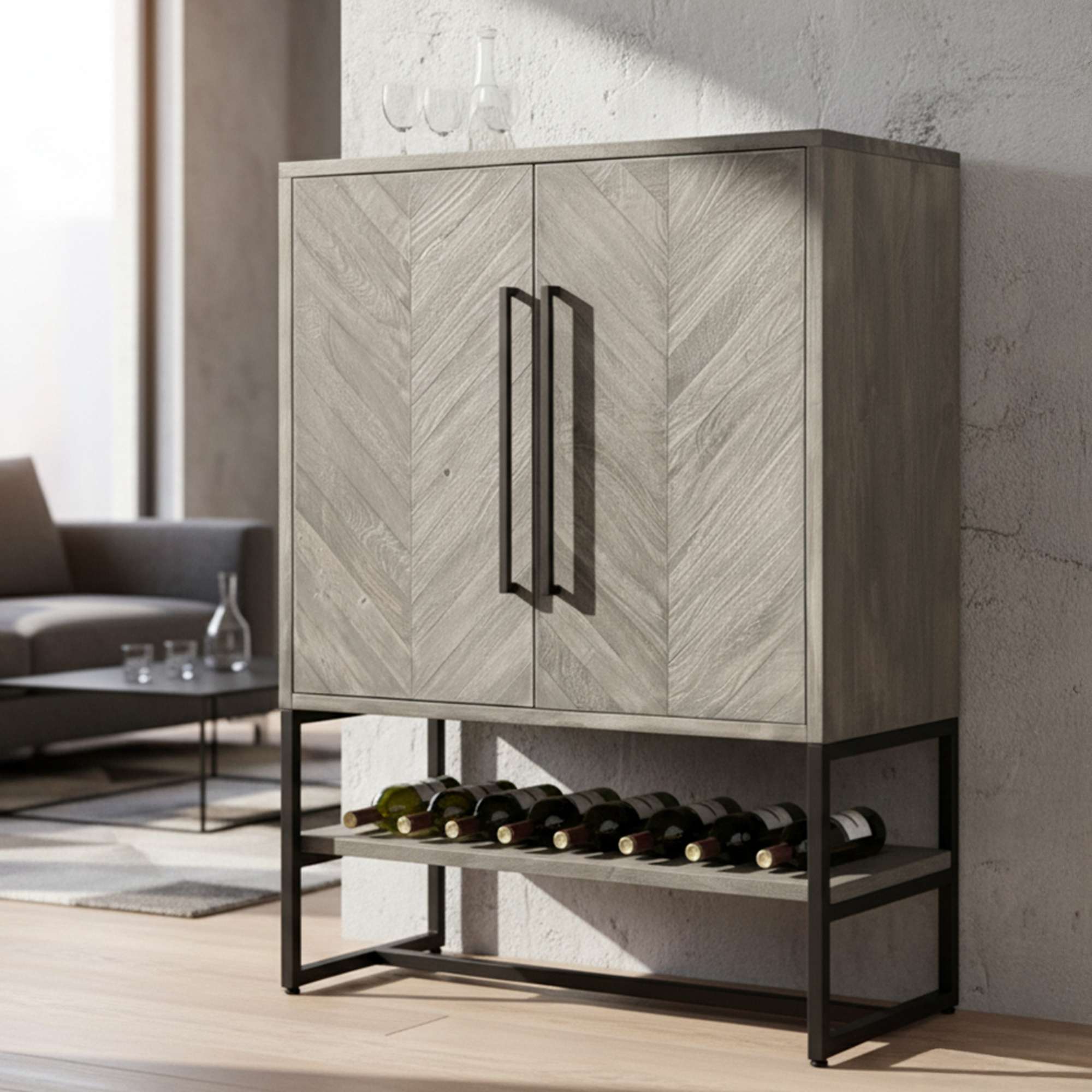 Modern wooden cabinet with herringbone pattern and wine rack