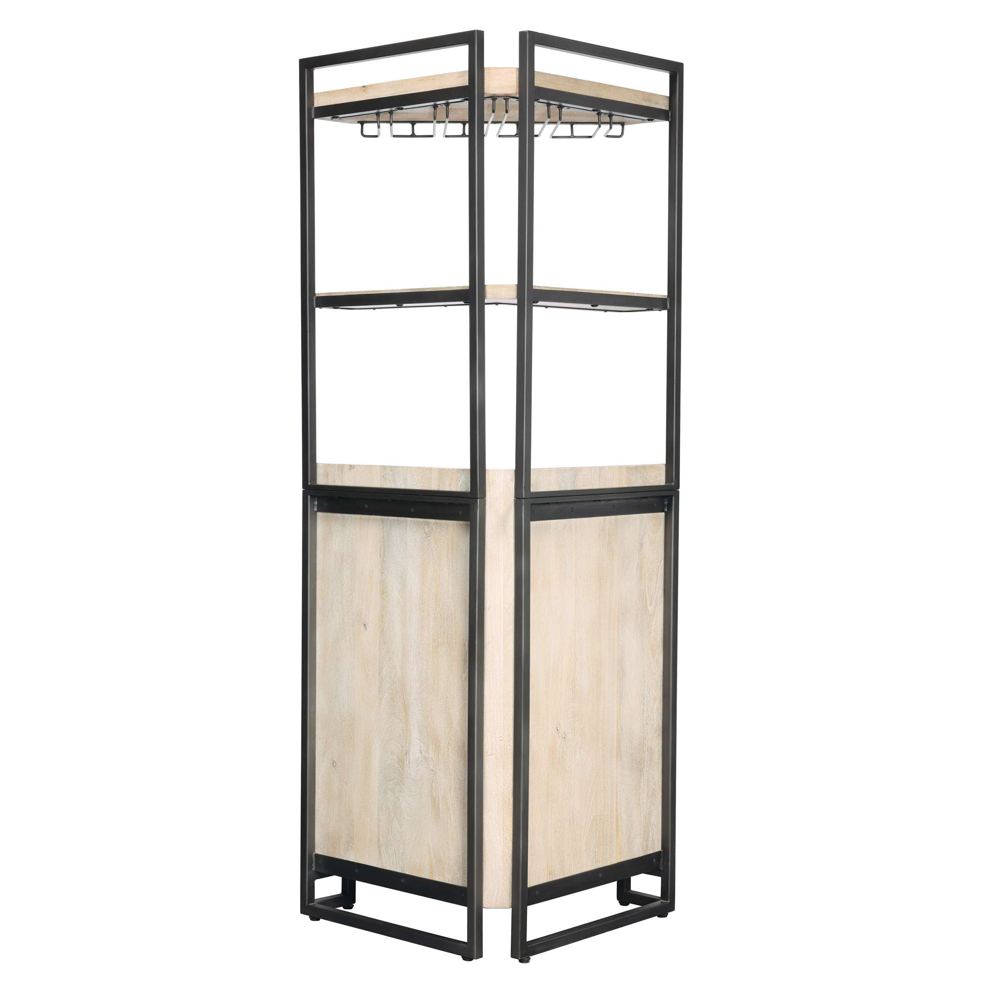 Industrial-style shelving unit with wooden shelves and metal frame.