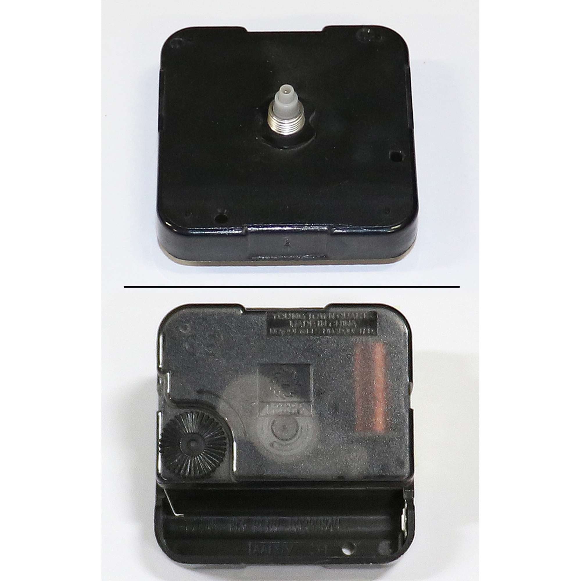 A black square clock mechanism, showing the top and bottom views.