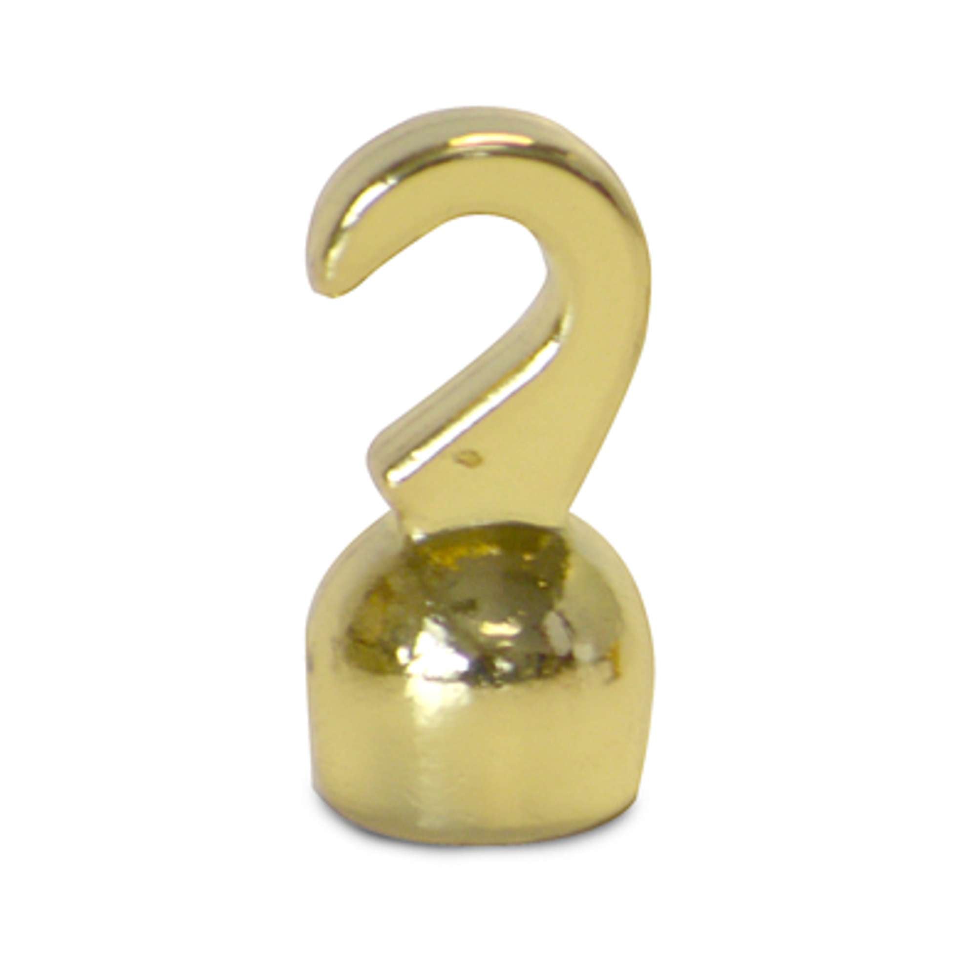 A small, shiny gold hook with a rounded base.