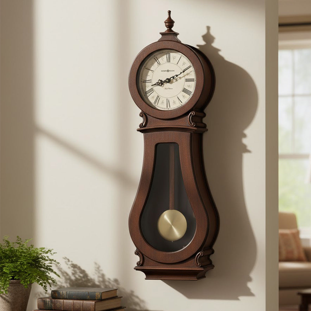 Elegant wooden wall clock in dark brown, featuring a pendulum and classic Roman numerals.