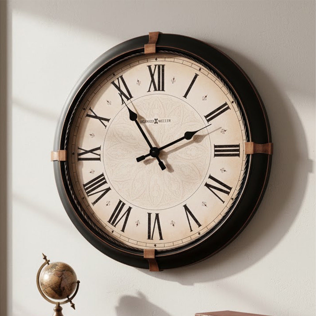 Elegant vintage wall clock with black frame, Roman numerals, and intricate design on the face.