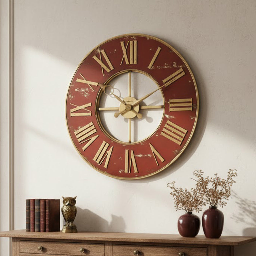 Vintage-style round wall clock, red with gold Roman numerals, distressed finish, ideal for home decor.