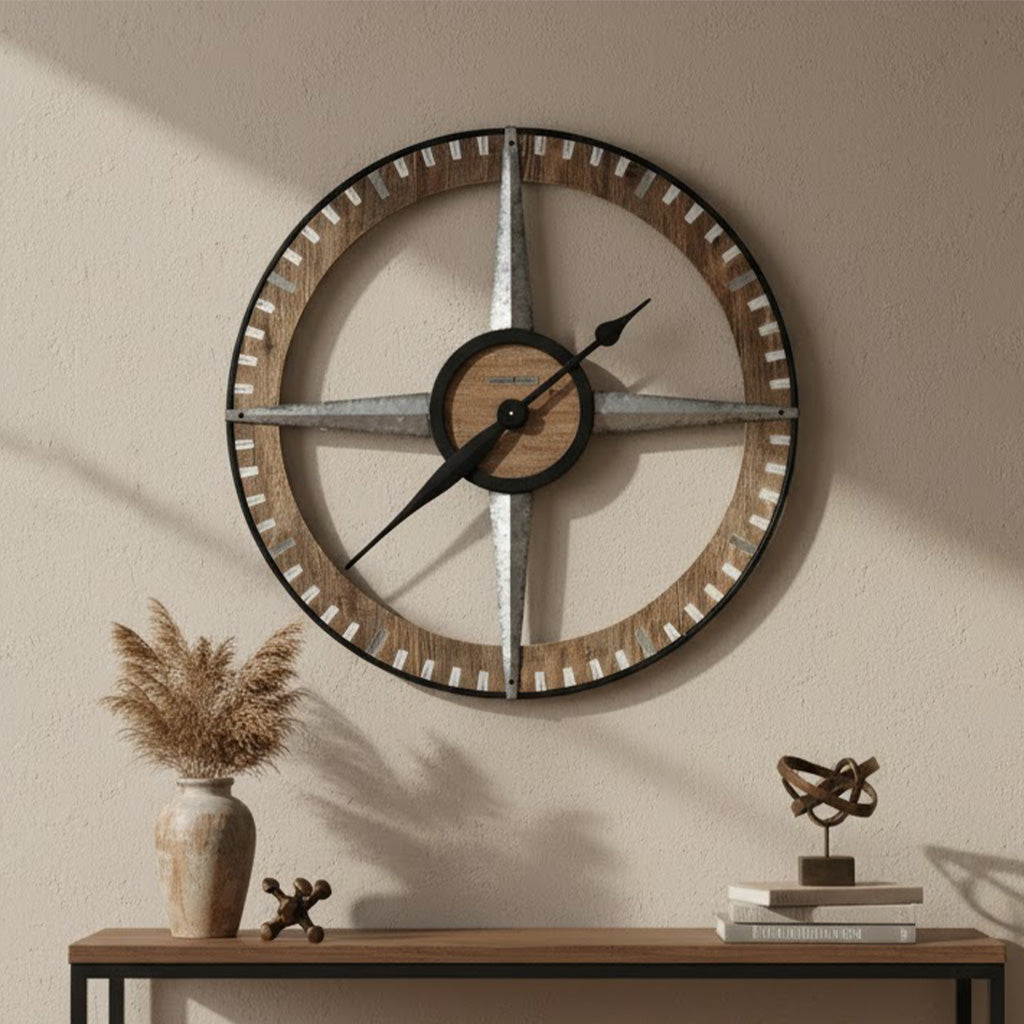 Rustic wall clock with wood and metal design, featuring a compass motif and black accents.