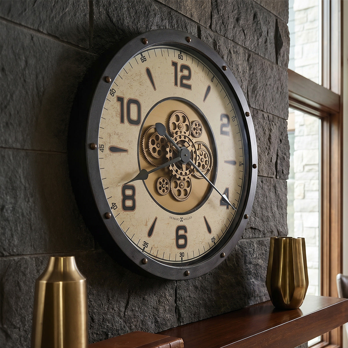 Decorative wall clock with mechanical design on a stone wall