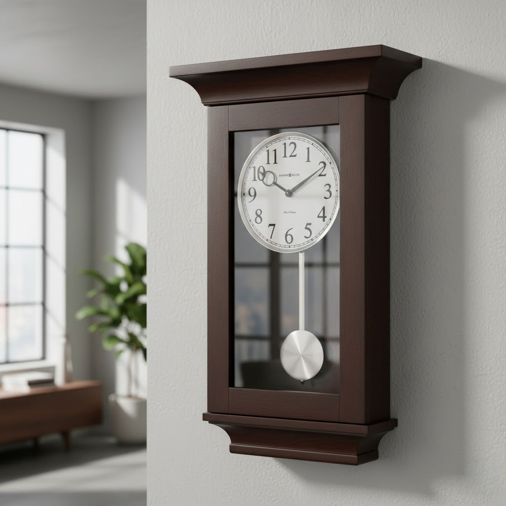 Elegant wooden wall clock in dark brown with glass cover, pendulum, and white dial with black numerals.