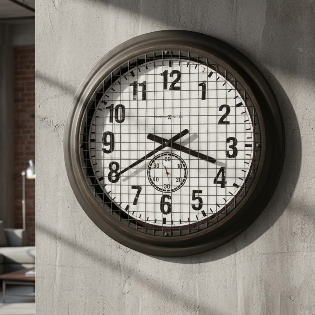 Vintage-style wall clock with metal frame and protective grid, featuring large numerals and a classic design.