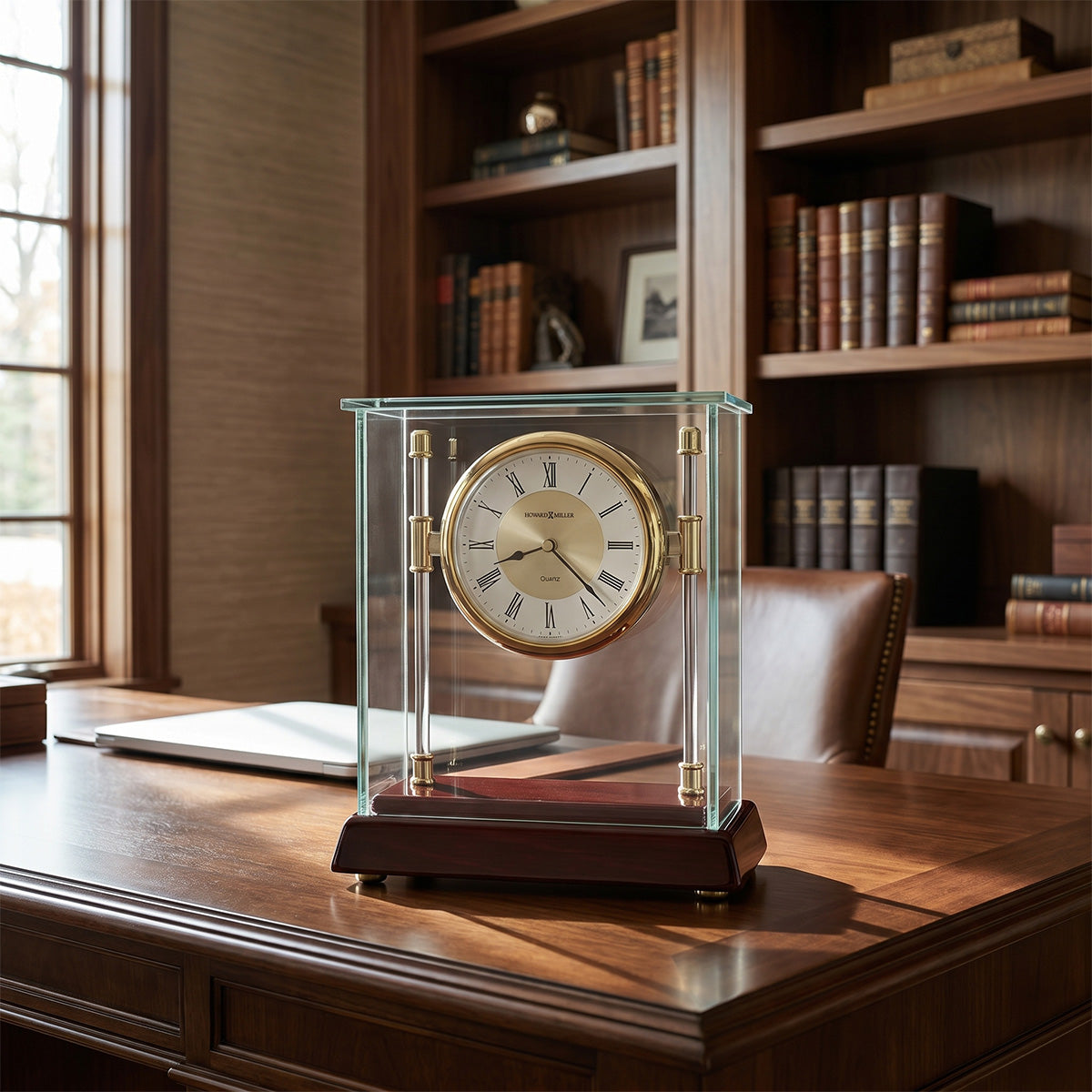 Decorative clock on a wooden desk with bookshelves in the background