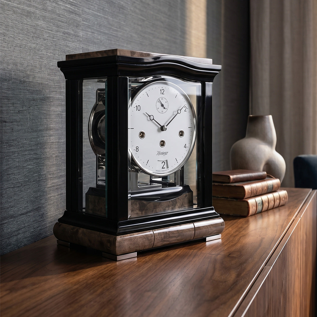 Kieninger Black Satin Mantel Clock with Gray Burl Accents