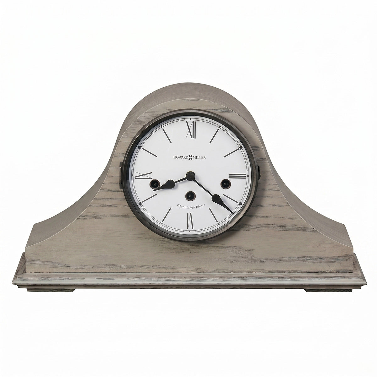 Wooden clock with white face and black hands on a white background