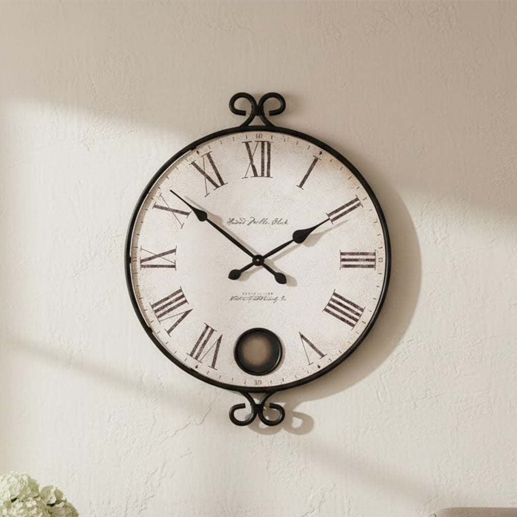 Vintage wall clock with Roman numerals, black metal frame, and white distressed face for home decor.