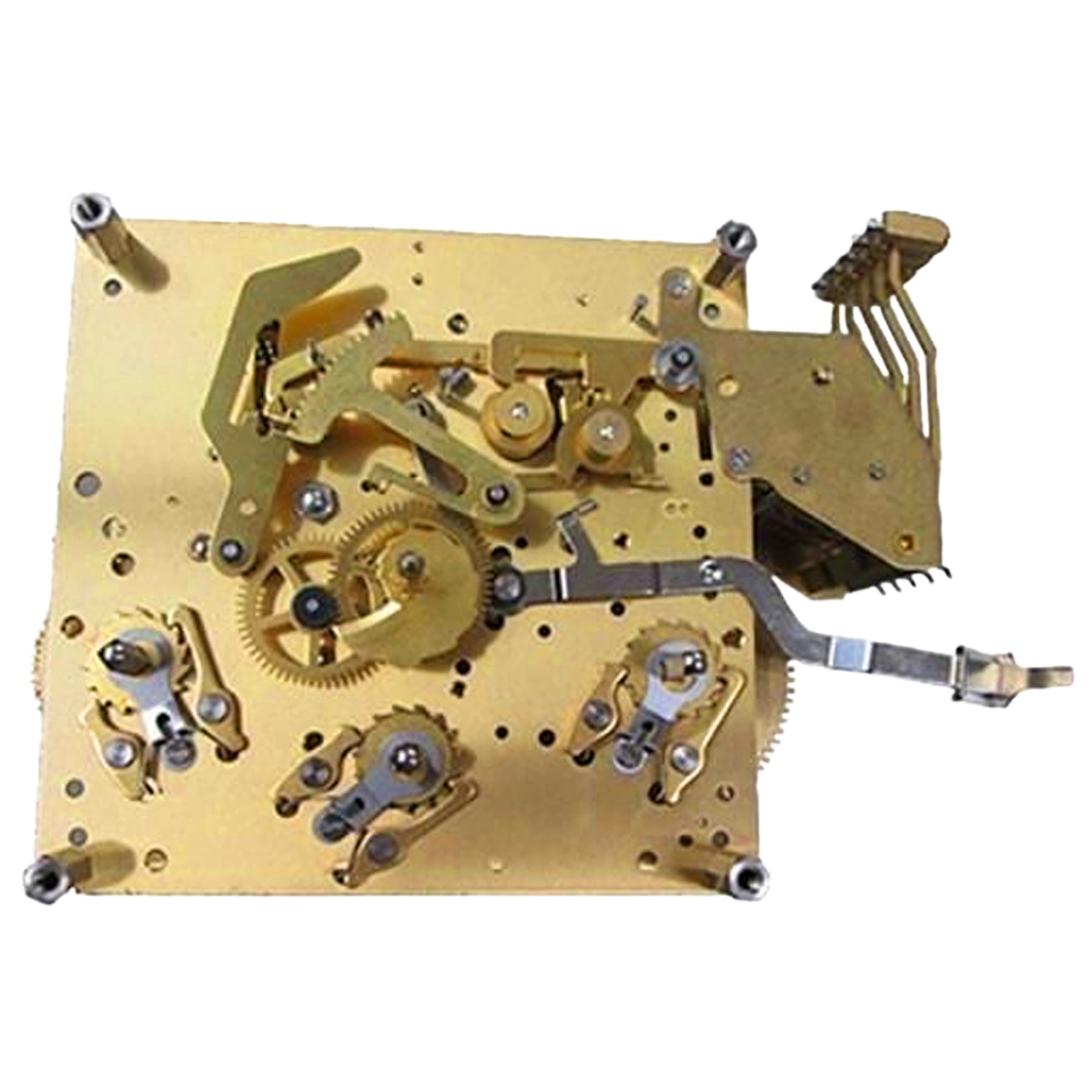 Golden mechanical clock movement with intricate gears and levers for precise timekeeping.
